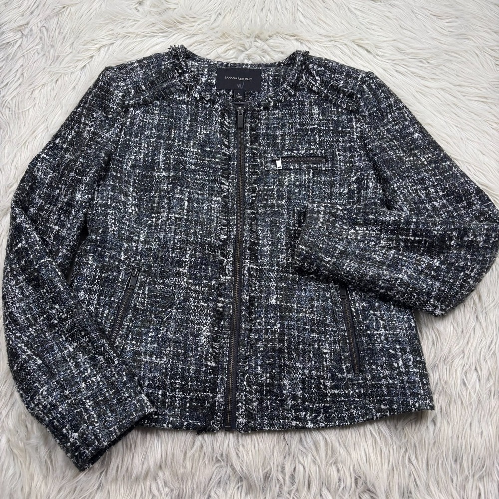 Banana Republic Women's L Black Tweed Zip Front Jacket Regency Office Preppy